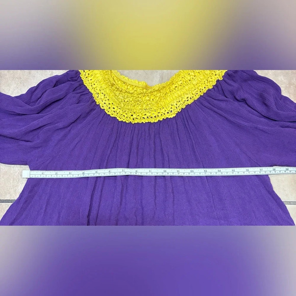 Women’s Size L Purple & Gold Rayon Blouse Tunic Off The Shoulder Lace Trim - Picture 3 of 7